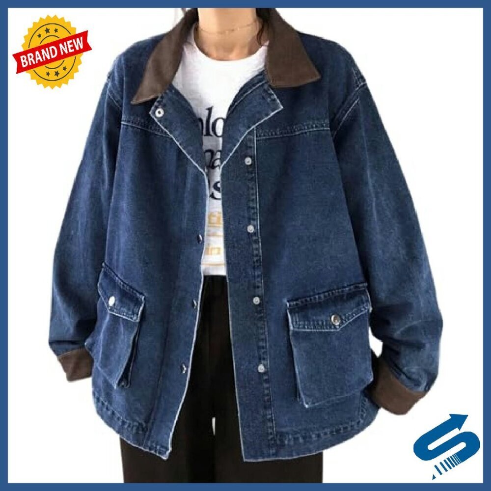 Oversized Denim Jacket Women Y2K Vintage Relaxed Fit Faux Leather Collar - Picture 2 of 8